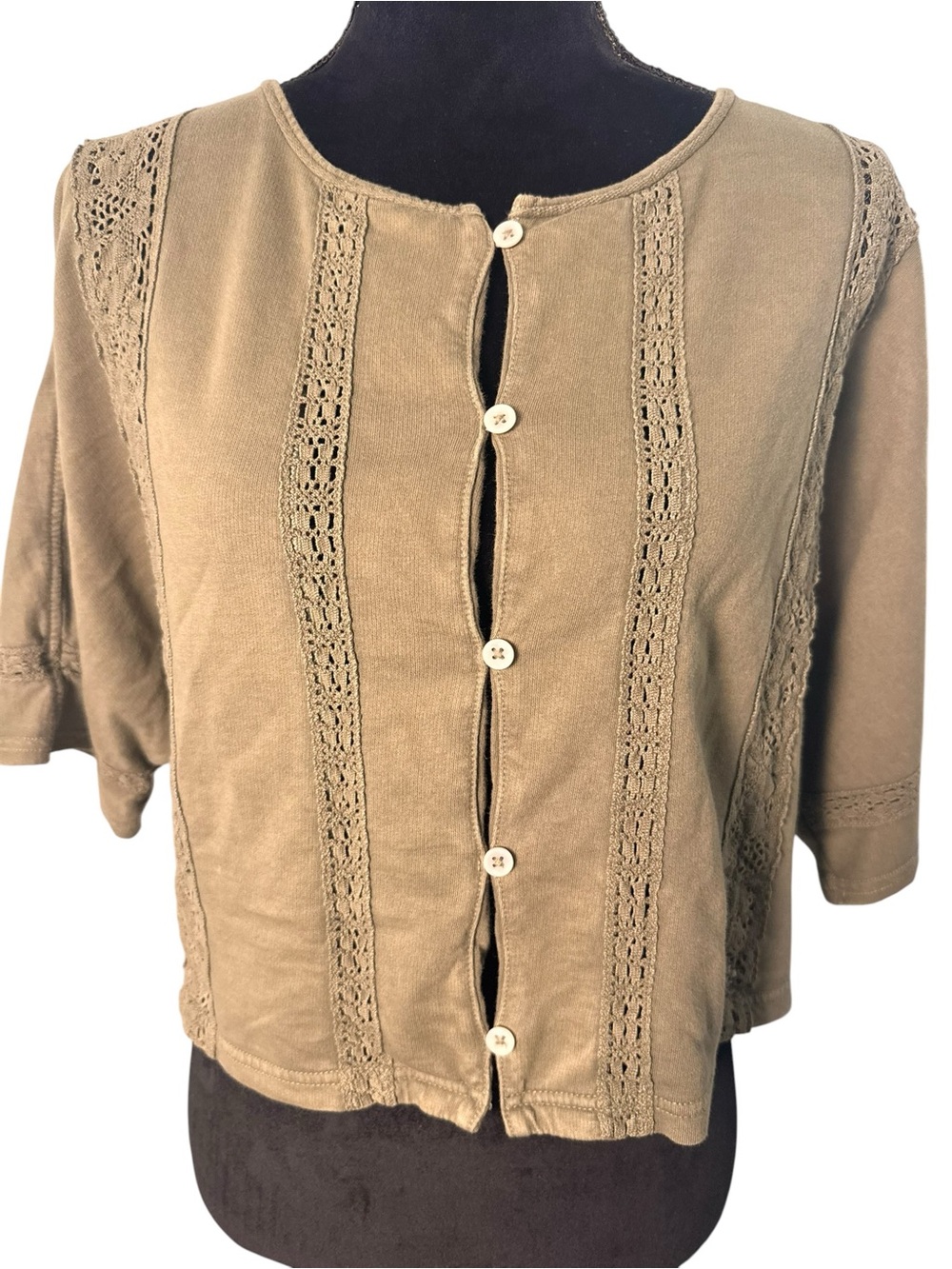 aerie | Olive Short-Sleeve Button-Front Crochet Trim Top | Sz M - Picture 2 of 7